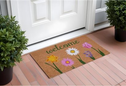 17" X 29" Natural Pink and Green Coir Floral Welcome Outdoor Door Mat