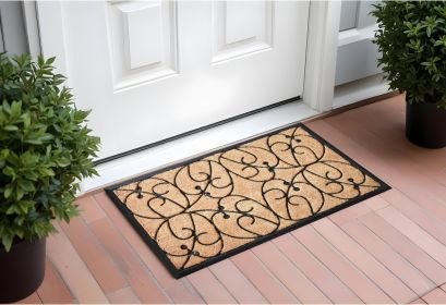 24" X 36" Natural and Black Coir Botanical Leaves Outdoor Door Mat