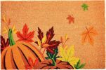 17" X 29" Natural Orange and Green Coir Pumpkins and Leaves Outdoor Fall Door Mat