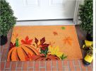 17" X 29" Natural Orange and Green Coir Pumpkins and Leaves Outdoor Fall Door Mat