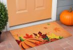 17" X 29" Natural Orange and Green Coir Pumpkins and Leaves Outdoor Fall Door Mat