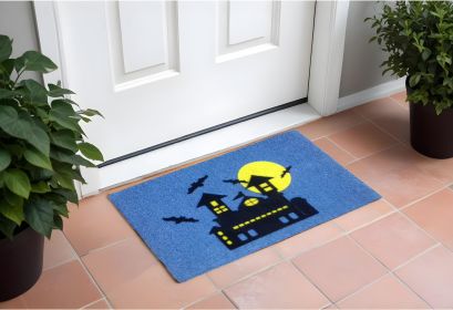 18" X 30" Blue and Black Coir Spooky House Outdoor Halloween Door Mat