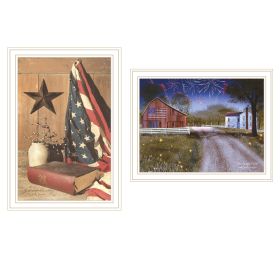 Trendy Decor 4U 2- Piece Vignette Star Spangled Night, God & Country White Framed Wall Art for Living Room