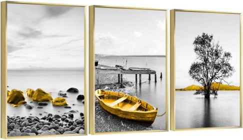 Framed Canvas Wall ArtOil Paintings Impressionism Aesthetic Prints Canvas Paintings for Living Room Bedroom Office Home; 3 Panels (GOLD: 12*16)